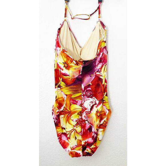 Newport News Swim Women's One Piece Shirred Orange Red Pink Rose Print Wired NWT - Picture 2 of 10
